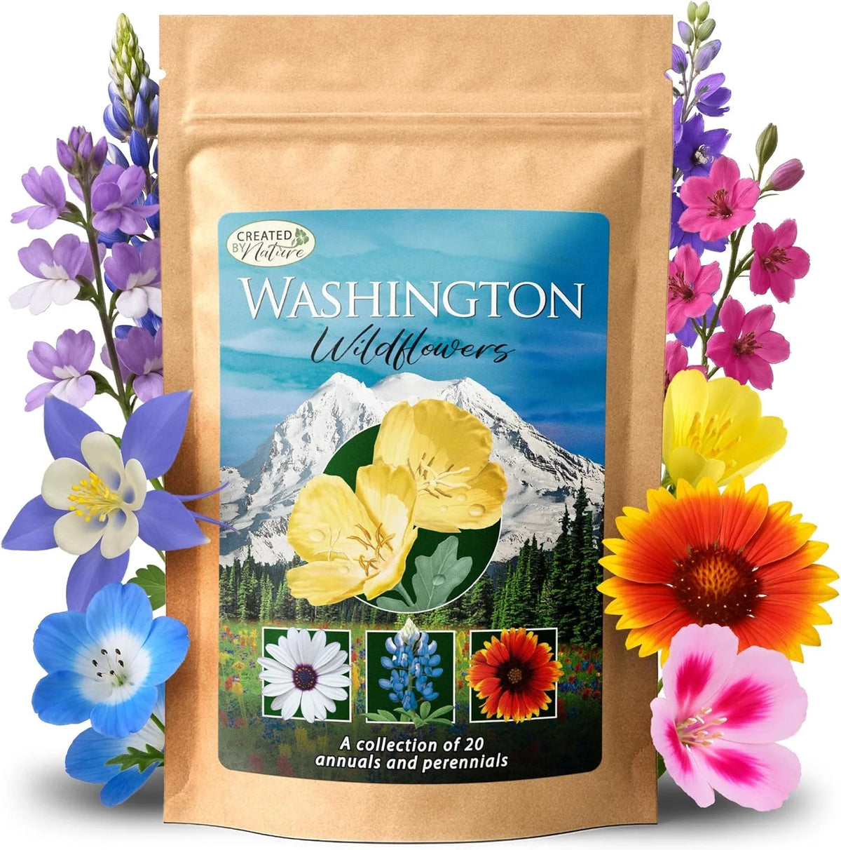 Wildflower Seed Mix - 20 Varieties, 60,000+ Seeds - Washington Native Flowers, Pollinator Friendly